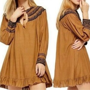 Free People Erin Embroidered Long Sleeve Mini Dress Flowy Bohemian Medium